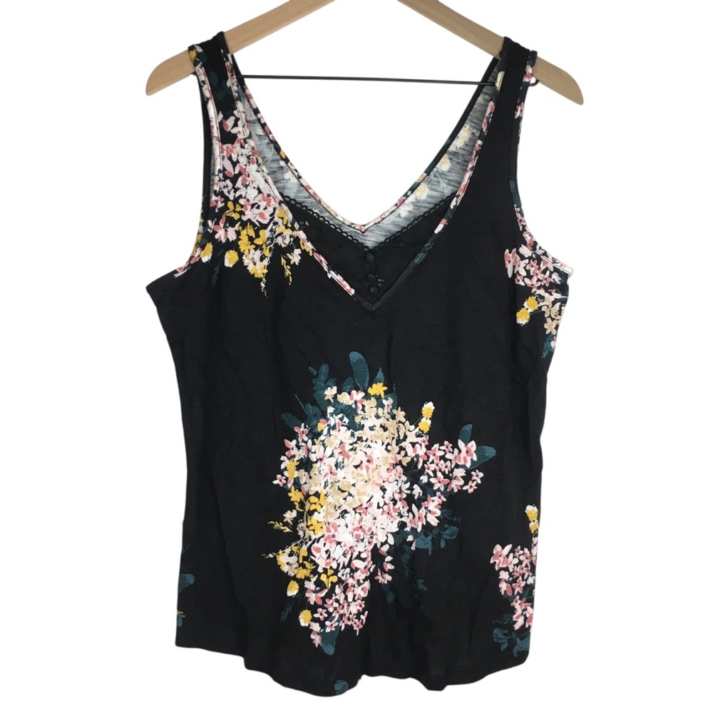 MAURICES Tank Top Floral Lace Details Button V Neck Distressed Size Medium NWT